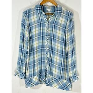 J.Jill Petite Button-Front Tunic Teal Blue Plaid Top Womans PM casual‎ coastal